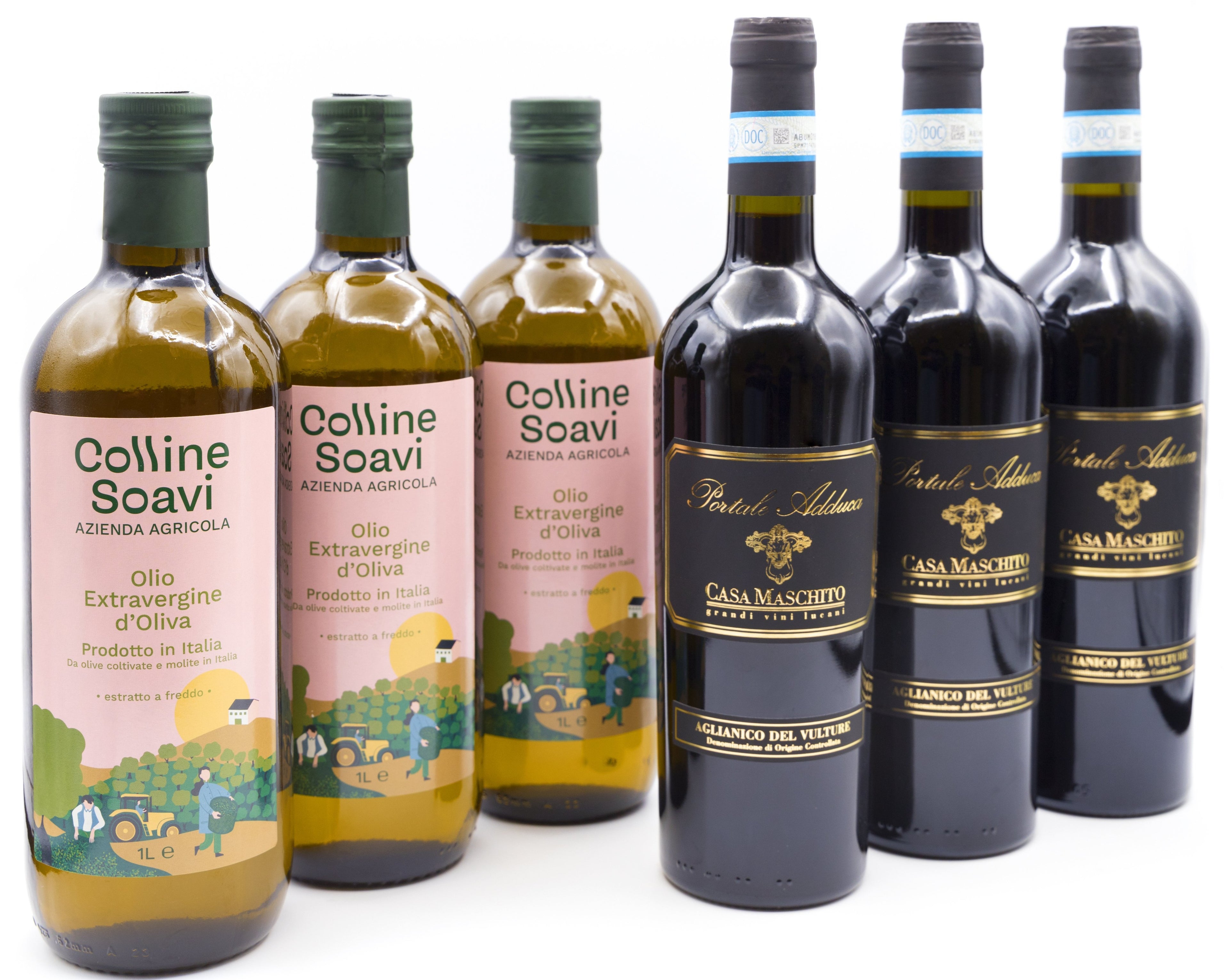 Tris di bottiglie di olio Colline Soavi e tris di bottiglie di Vino Aglianico Portale Adduca
