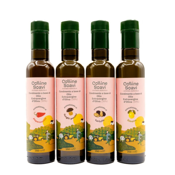 Bottiglie di oli aromatizzati da 250 ml, al gusto Peperoncino, Fungo Porcino, Tartufo e Limone